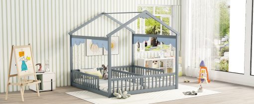 Double Twin House-style Floor Bed With Fence and Guardrails, Without Door