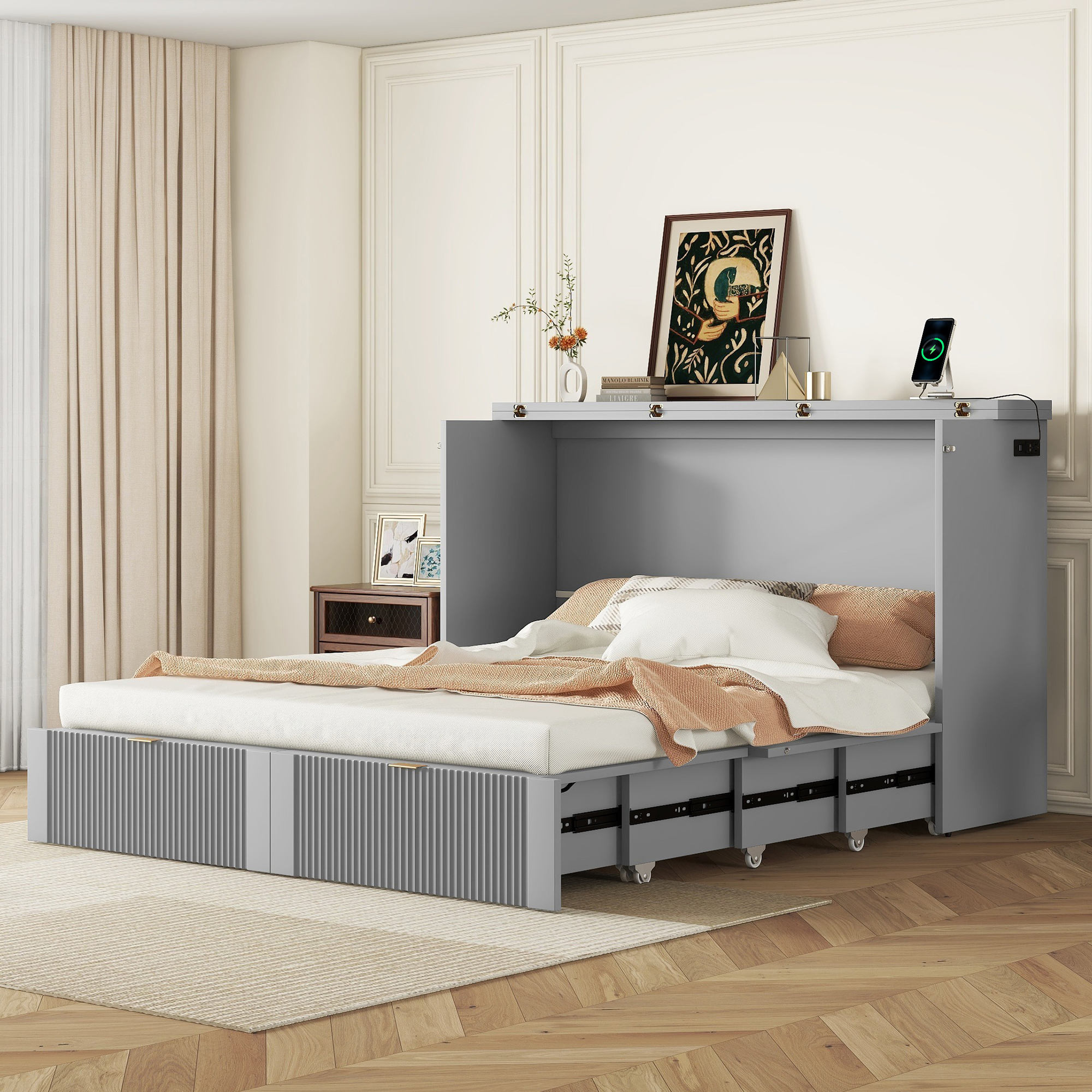 Queen Size Murphy Bed With Drawer And A Set Of Sockets & Usb Ports, Pulley Structure Design, White