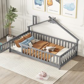 Twin House-Shaped Bedside Floor Bed with Guardrails, Slats, with Door