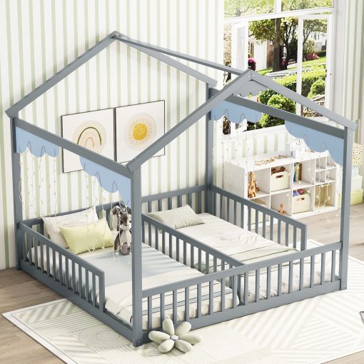 Double Twin House-style Floor Bed With Fence and Guardrails, Without Door