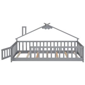 Twin House-Shaped Bedside Floor Bed with Guardrails, Slats, with Door