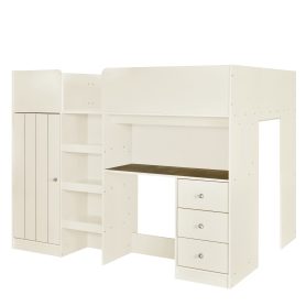 Full Size Loft Bed with Built-in Wardrobe, Desk, Storage Shelves and Drawers