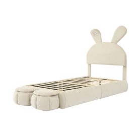Twin Size Upholstered Platform Bed with Cartoon Ears Shaped Headboard and Light