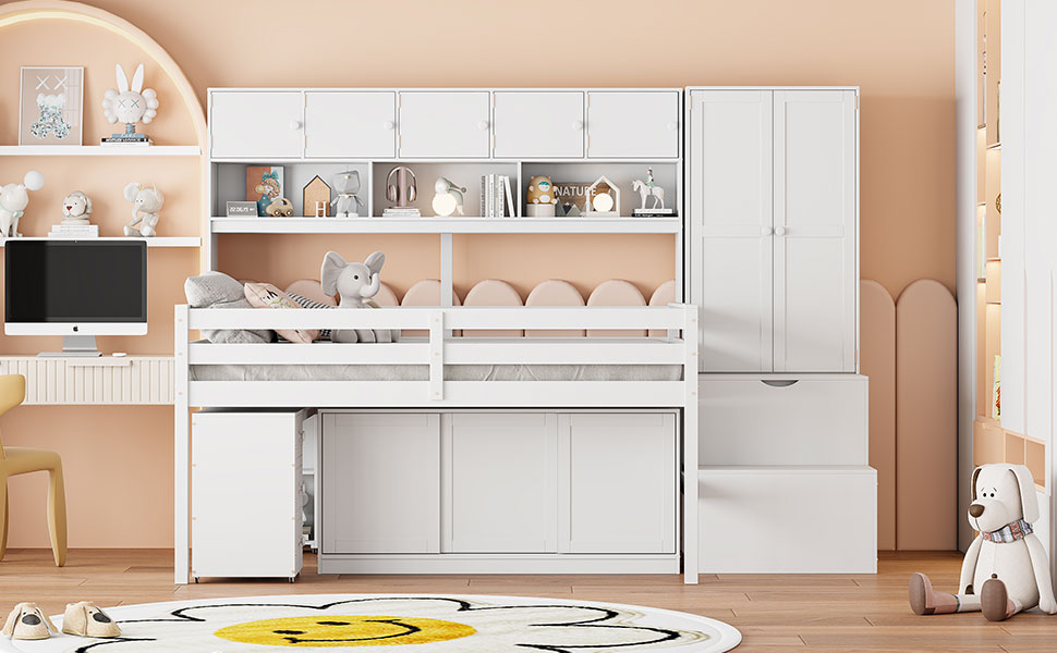 Full Size Wooden Loft Bed Big Storage With Under-Bed Desk, Drawers and Shelves 19 Full Size Wooden Loft Bed Big Storage With Under-Bed Desk, Drawers and Shelves