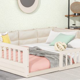 Wood Full Size Upholstered Platform Bed with Guardrail and Pillow