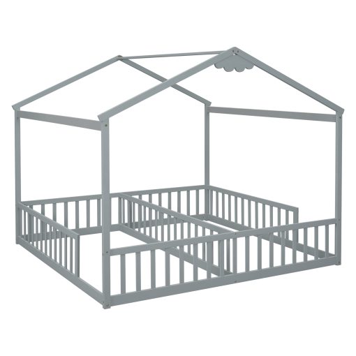 Double Twin House-style Floor Bed With Fence and Guardrails, Without Door