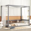 Twin Size Canopy Frame Floor Bed with Fence, Guardrails