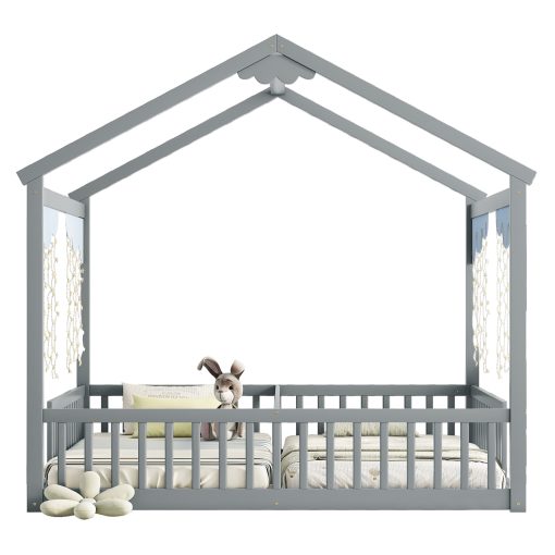 Double Twin House-style Floor Bed With Fence and Guardrails, Without Door