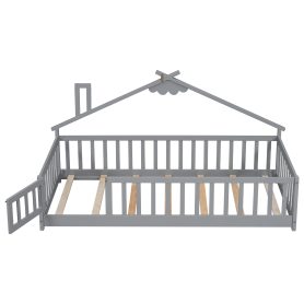 Twin House-Shaped Bedside Floor Bed with Guardrails, Slats, with Door