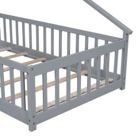 Twin House-Shaped Bedside Floor Bed with Guardrails, Slats, with Door