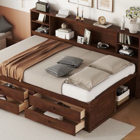 Full Size Wooden Captain Bed with Built-in Storage Shelves, 4 Drawers and 2 Cabinets