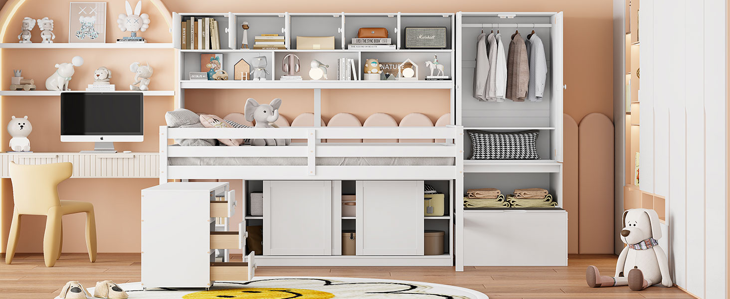 Full Size Wooden Loft Bed Big Storage With Under-Bed Desk, Drawers and Shelves 23 Full Size Wooden Loft Bed Big Storage With Under-Bed Desk, Drawers and Shelves