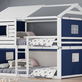 Full Size Bunk Wood House Bed with Tent