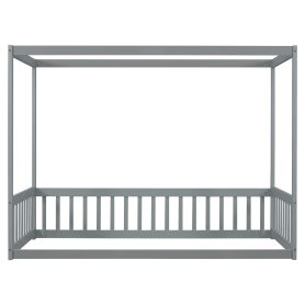 Twin Size Canopy Frame Floor Bed with Fence, Guardrails