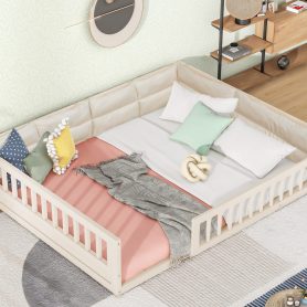 Wood Full Size Upholstered Platform Bed with Guardrail and Pillow