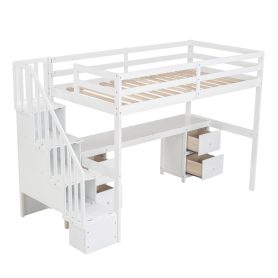 Twin Size Loft Bed Frame with Built-in Desk and Double Storage Drawers