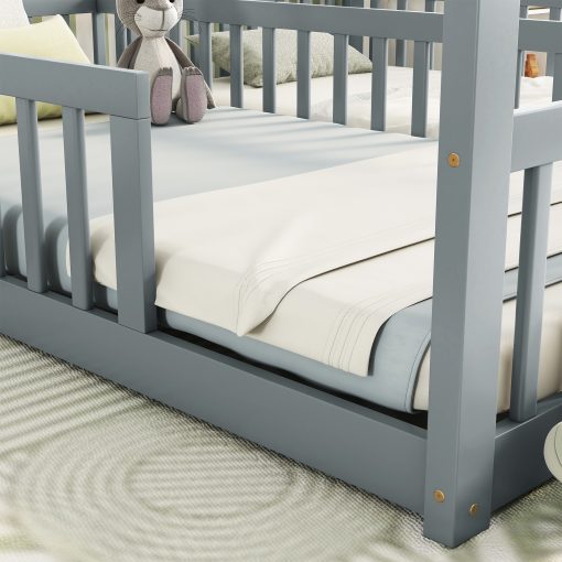 Double Twin House-style Floor Bed With Fence and Guardrails, Without Door