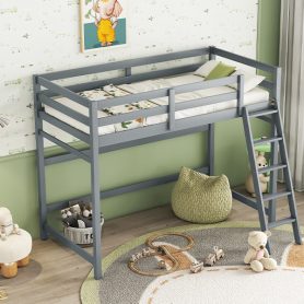Twin Size High Loft Bed with inclined Ladder, Guardrails