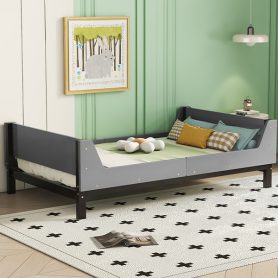 Twin Bed with Headboard, Footboard, Safeguards, Built-in Bed-end Book Storage Rack