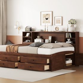 Full Size Wooden Captain Bed with Built-in Storage Shelves, 4 Drawers and 2 Cabinets