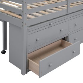Full Size Loft Bed With Retractable Writing Desk, 4 Drawers And Shelves