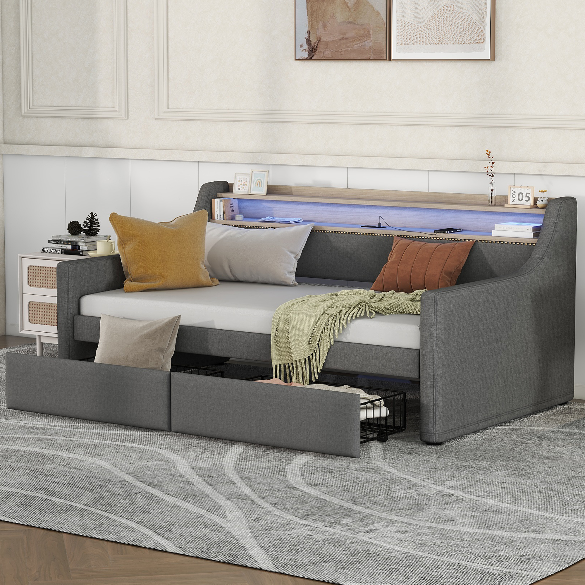 Twin Size Daybed with Drawers, Charging Station and LED Lights