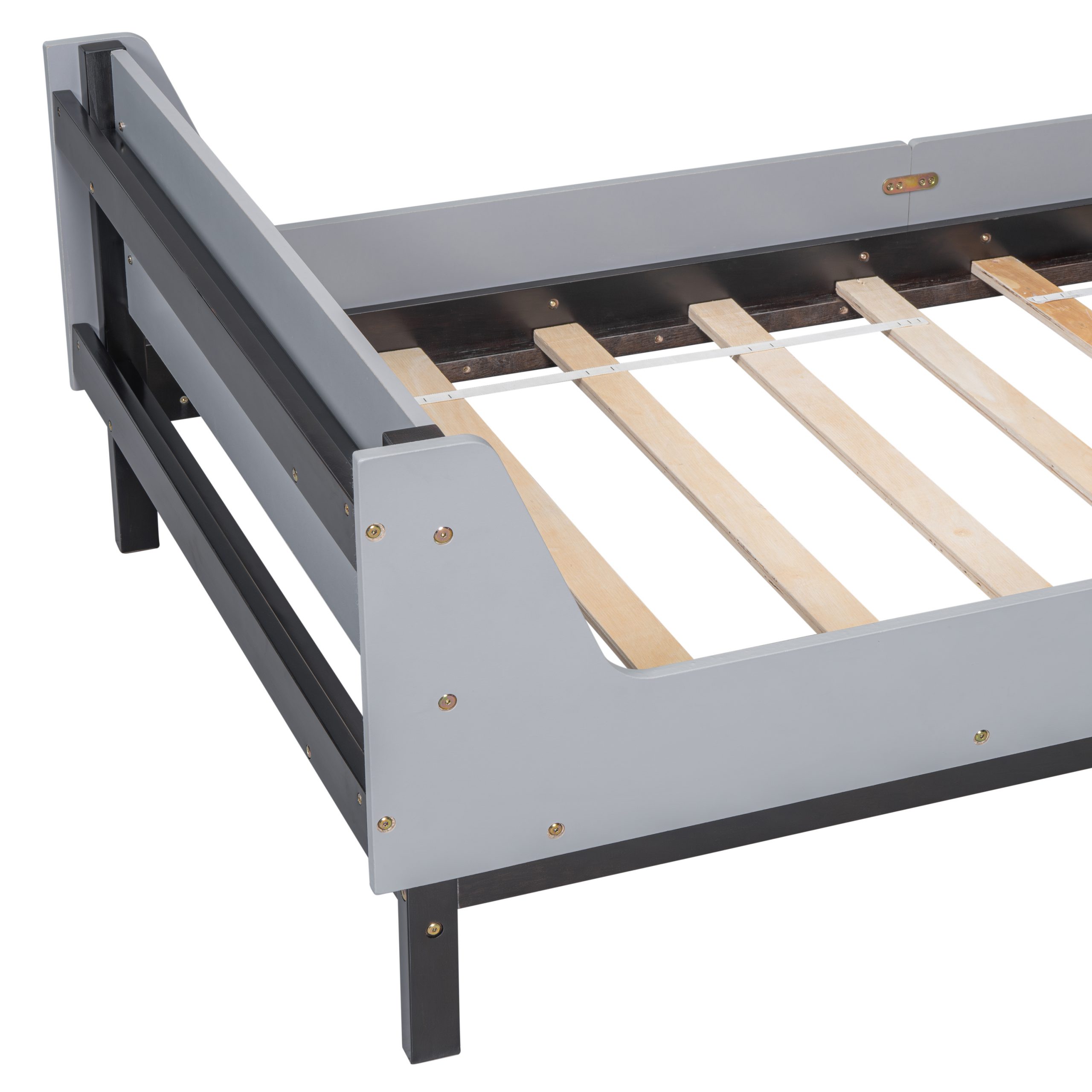 Twin Bed With Headboard, Footboard, Safeguards,  Built-in Bed-end Book Storage Rack ,grey