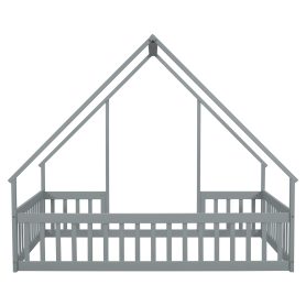 Full Wood House-shaped Floor Bed With Fence, Guardrails