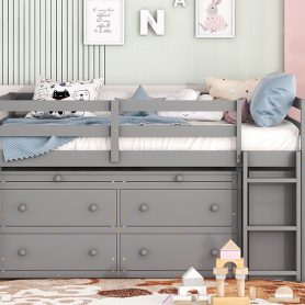 Full Size Loft Bed With Retractable Writing Desk, 4 Drawers And Shelves