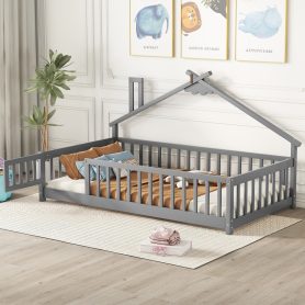 Twin House-Shaped Bedside Floor Bed with Guardrails, Slats, with Door