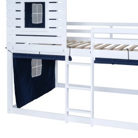 Full Size Bunk Wood House Bed with Tent