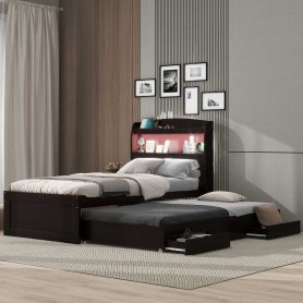 Twin XL Size Platform Bed with Storage LED Headboard, Charging Station, Twin Size Trundle and 2 Drawers