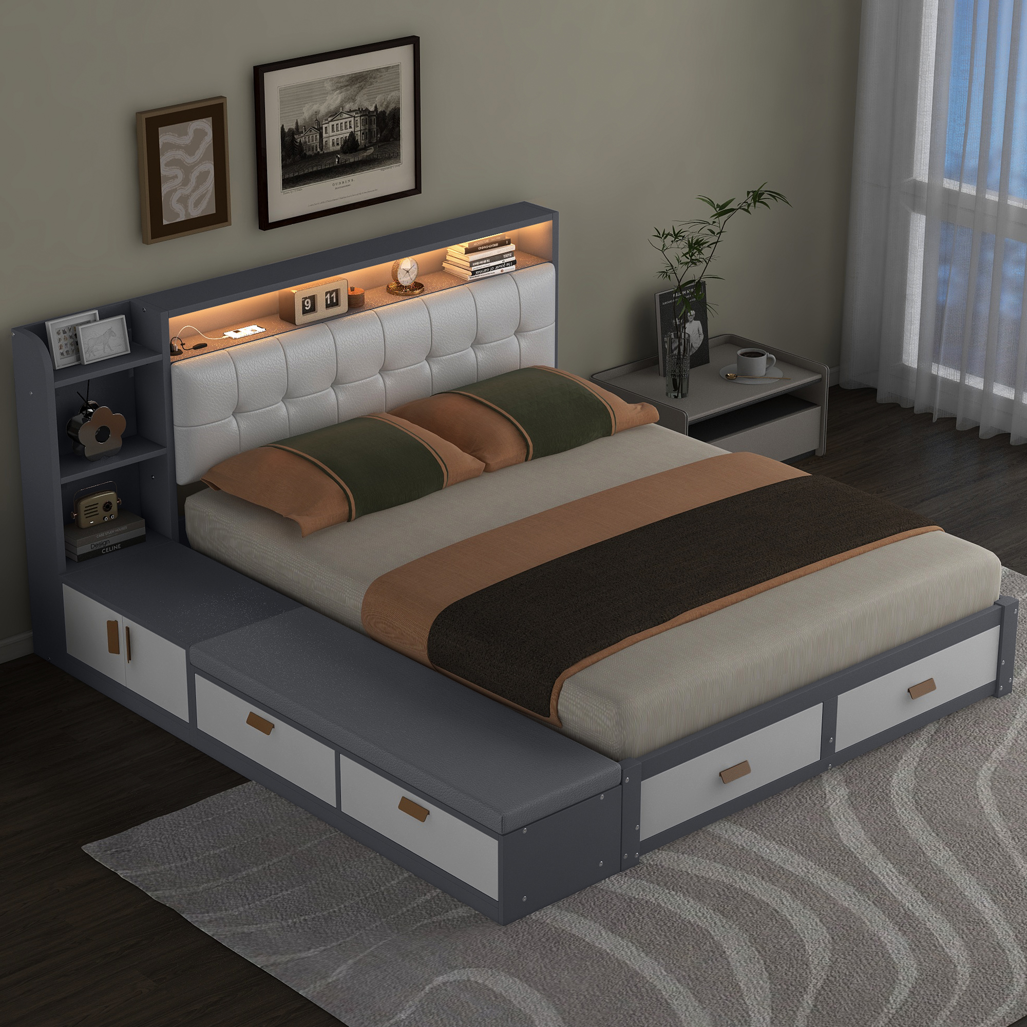 Queen Size Low Profile Platform Bed Frame with Upholstery Headboard and Storage Shelves and Drawers,USB Charging Design