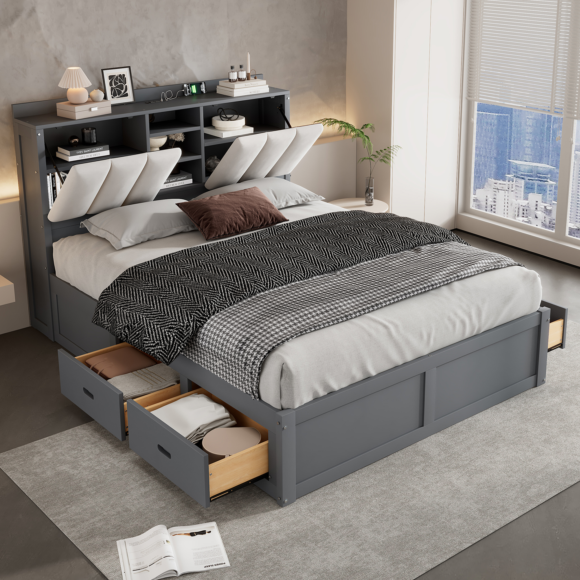 Wood Full Size Platform Bed with Storage Headboard and 4 Drawers