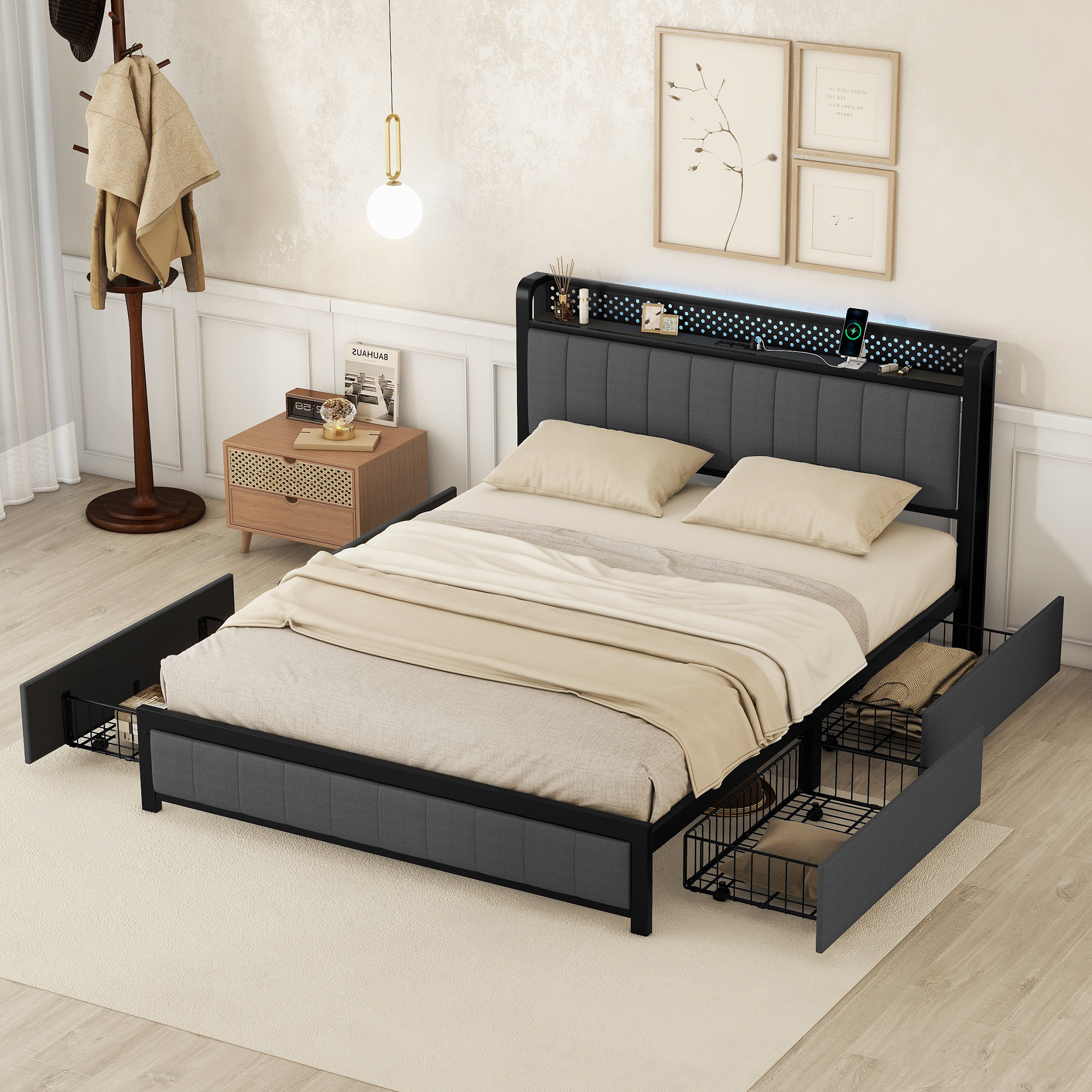Queen Size Bed Frame With LED Headboard,  4 Storage Drawers And USB Ports