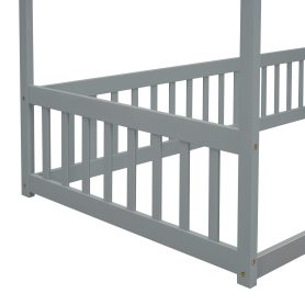 Twin Size Canopy Frame Floor Bed with Fence, Guardrails