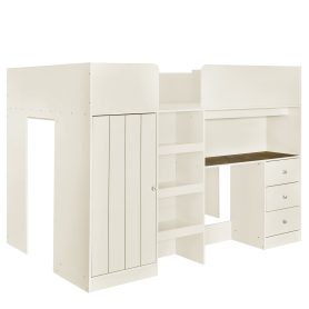 Full Size Loft Bed with Built-in Wardrobe, Desk, Storage Shelves and Drawers