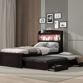 Twin XL Size Platform Bed with Storage LED Headboard, Charging Station, Twin Size Trundle and 2 Drawers