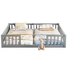Double Twin Floor Bed With Fence, Guardrails, Without Door