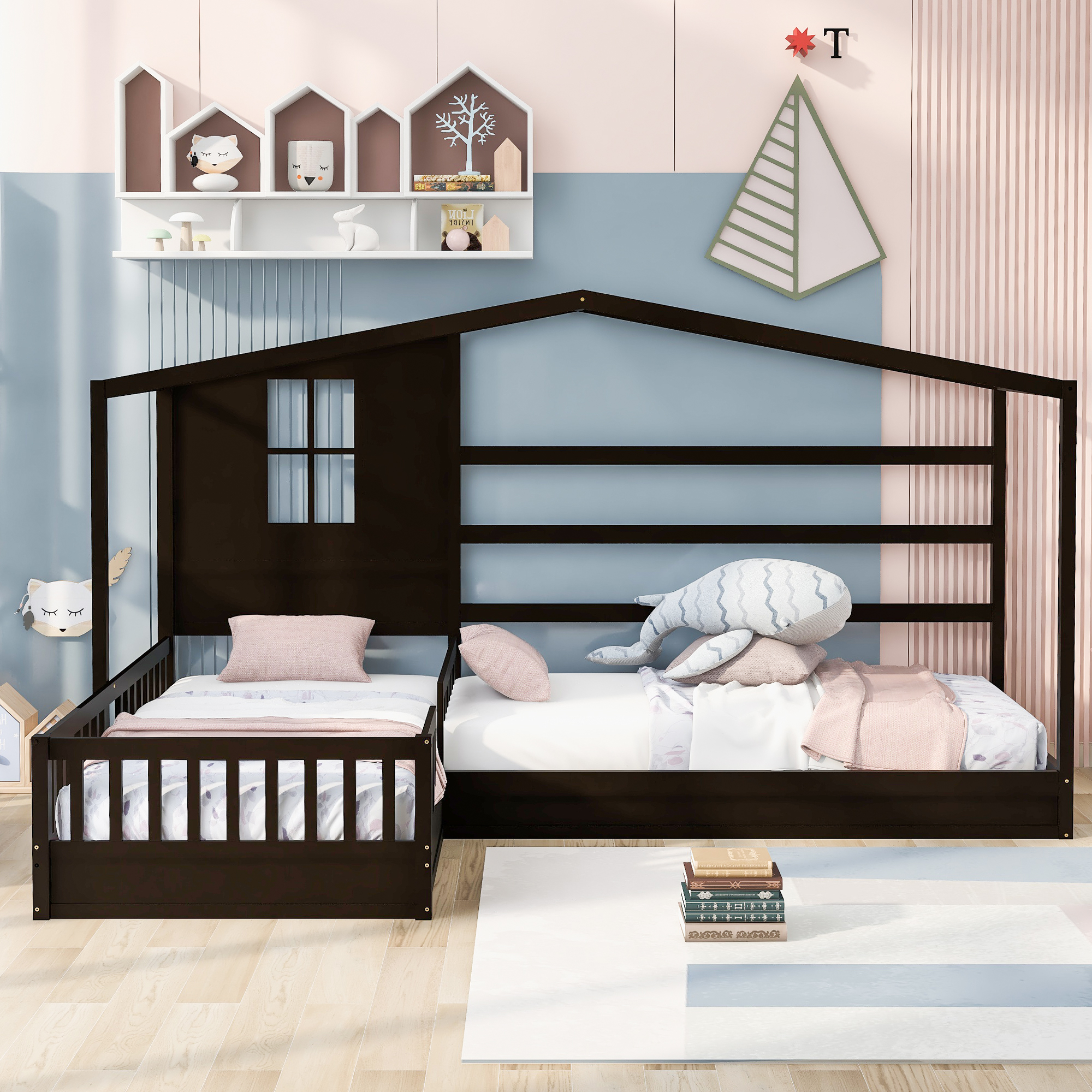 Wood House Bed Twin Size, 2 Twin Solid Bed L Structure With Fence And Slatted Frame