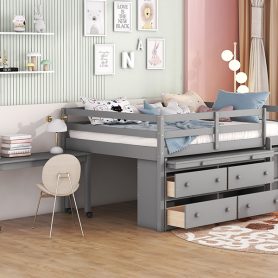 Full Size Loft Bed With Retractable Writing Desk, 4 Drawers And Shelves
