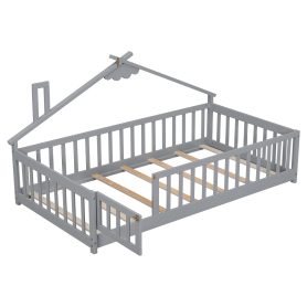 Twin House-Shaped Bedside Floor Bed with Guardrails, Slats, with Door