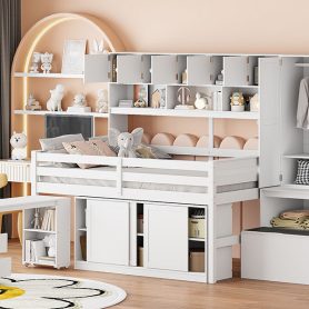 Full Size Wooden Loft Bed Big Storage With Under-Bed Desk, Drawers and Shelves 41 Full Size Wooden Loft Bed Big Storage With Under-Bed Desk, Drawers and Shelves