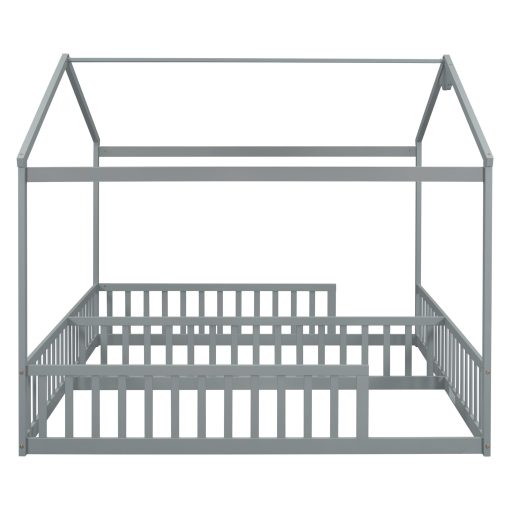 Double Twin House-style Floor Bed With Fence and Guardrails, Without Door