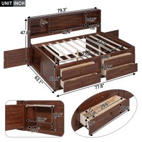 Full Size Wooden Captain Bed with Built-in Storage Shelves, 4 Drawers and 2 Cabinets
