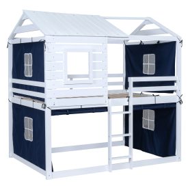 Full Size Bunk Wood House Bed with Tent