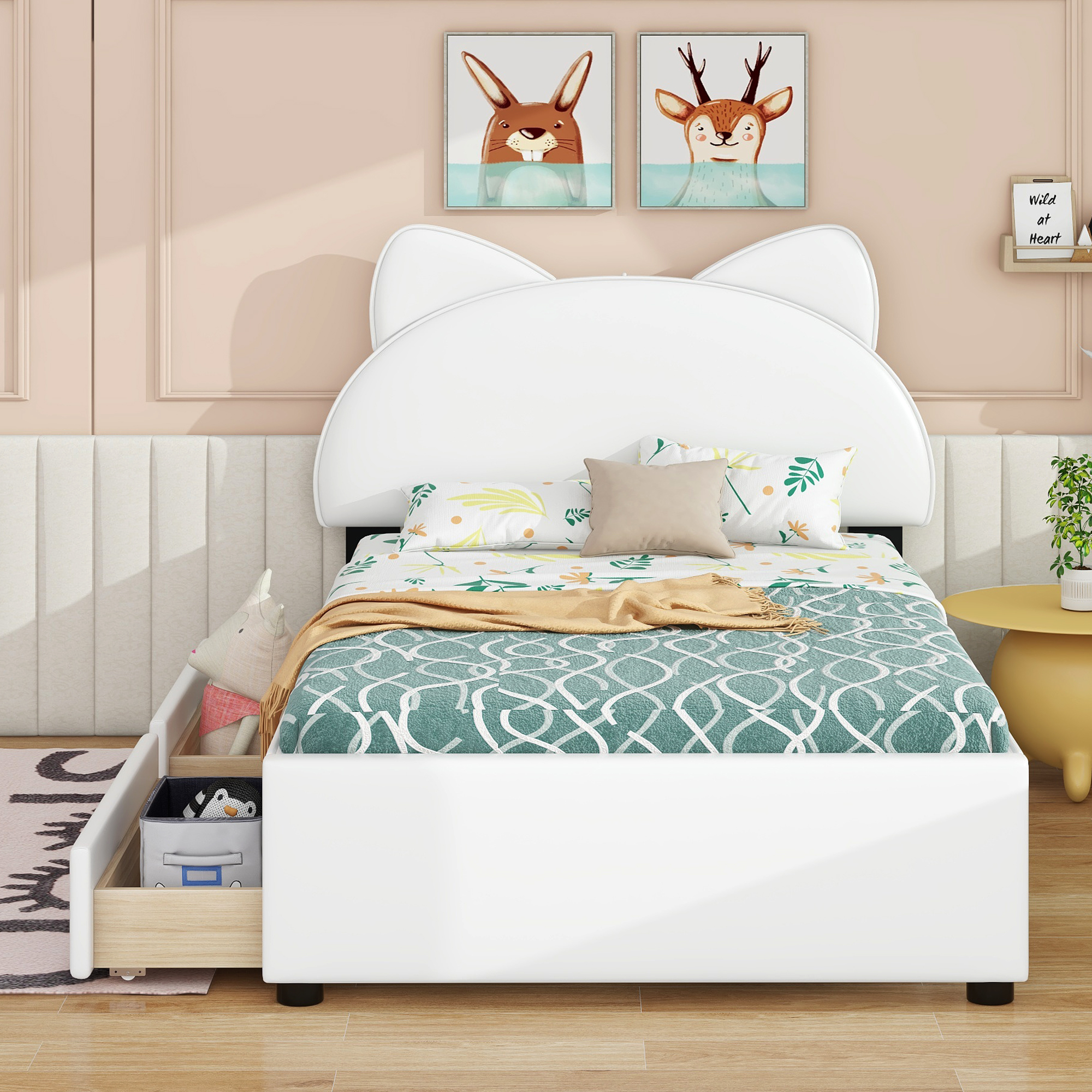 Twin Size Upholstered Platform Bed with Cartoon Ears Shaped Headboard and 2 Drawers