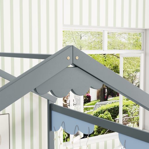 Double Twin House-style Floor Bed With Fence and Guardrails, Without Door