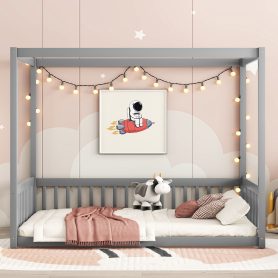 Full Size Canopy Frame Floor Bed With Fence, Guardrails