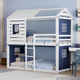 Twin Size Bunk Wood House Bed with Tent